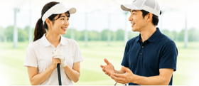 笑顔で会話するゴルフスクールのコーチと生徒